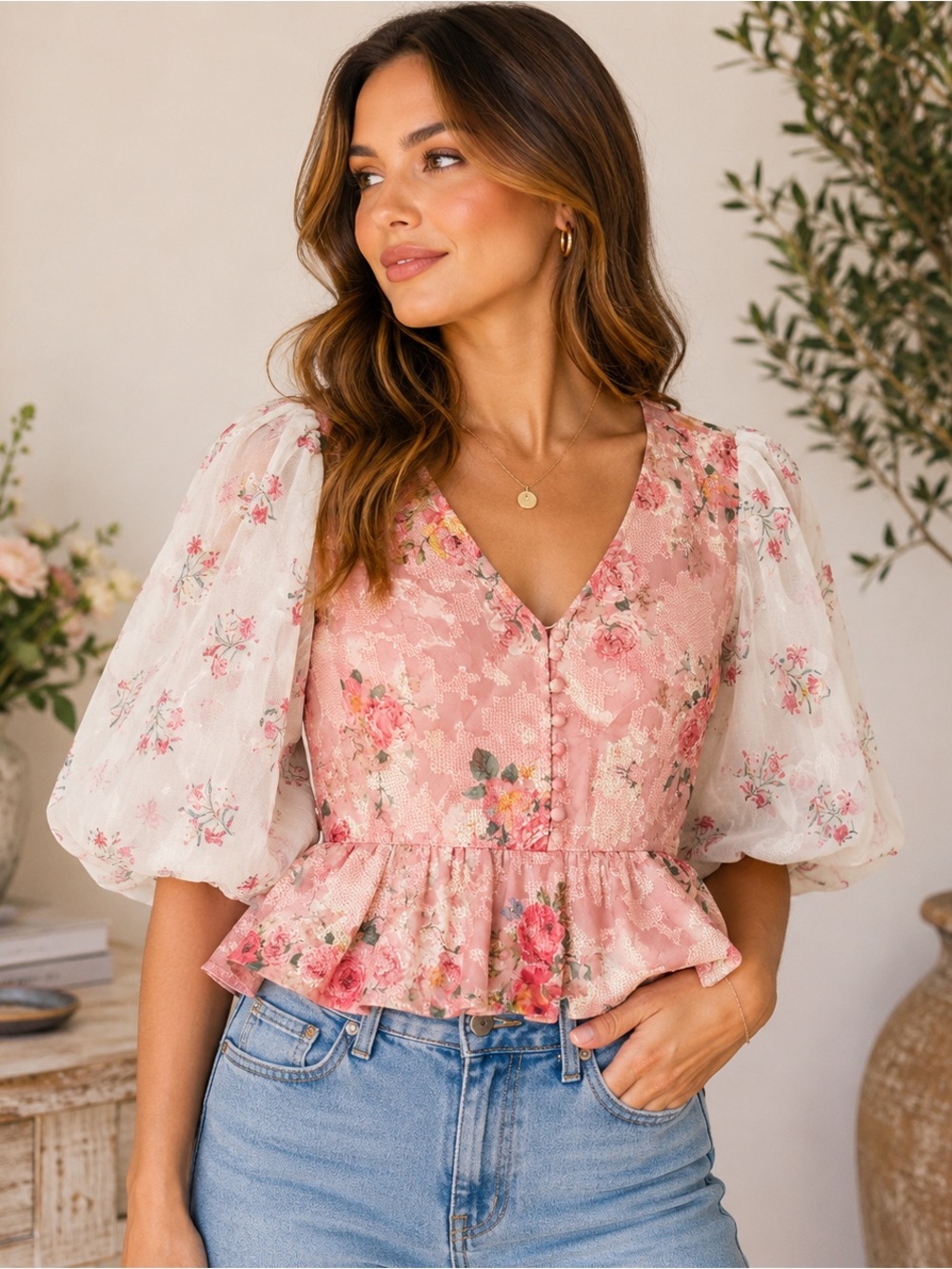 Hemant & Nandita Rose Garden Floral Puff Sleeve Peplum Blouse S